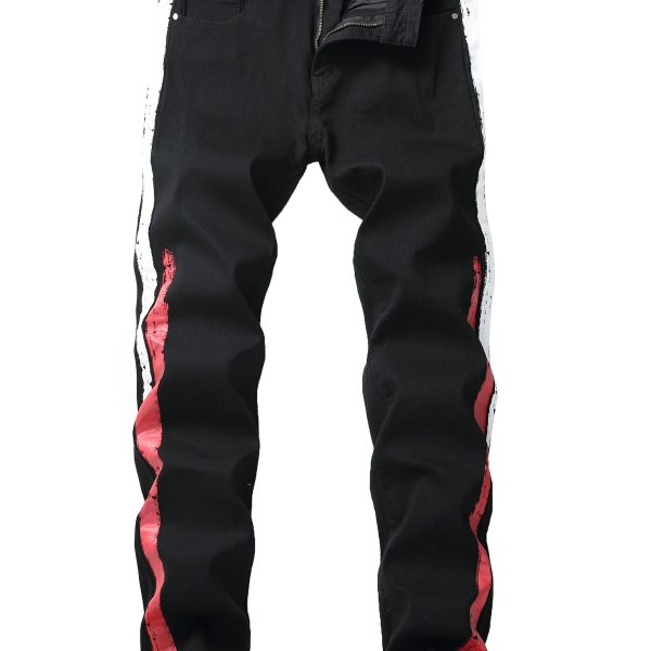 Men's stretch black jeans with striped webbing