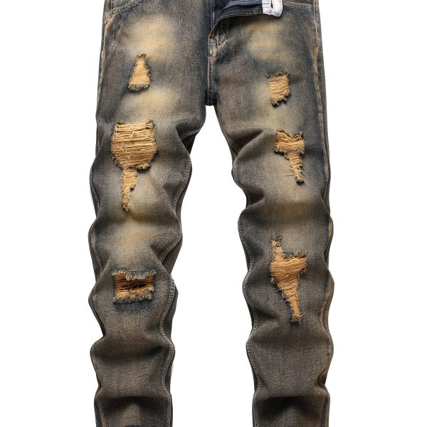 Men's Yellow Jeans; Ripped Jeans; Vintage Classic Jeans