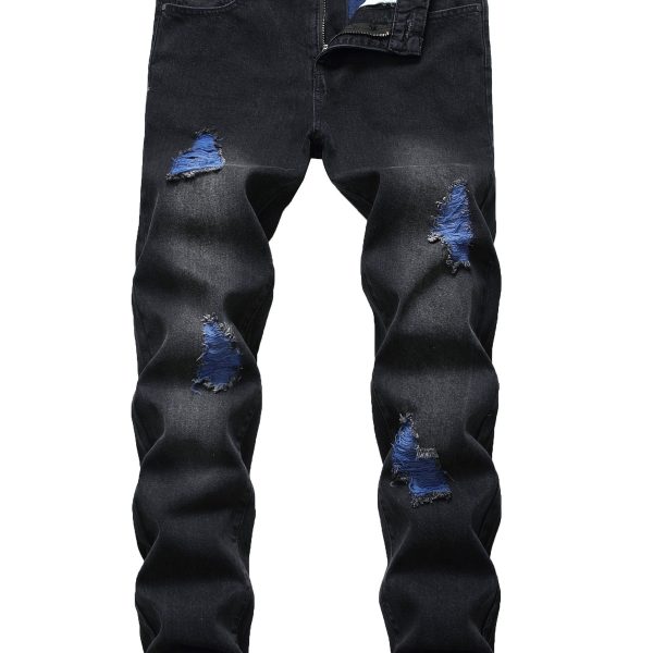 Men's black ripped slim jeans blue ripped trousers