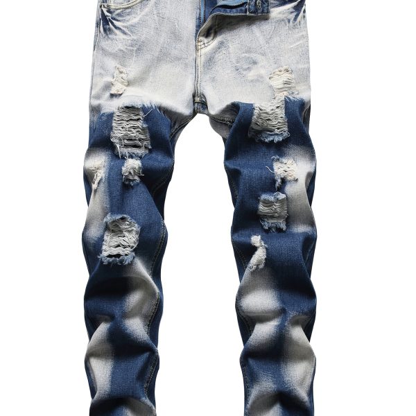 Men'S Ripped Jeans; Two-color Jeans; Color-blocked Ripped Jeans.
