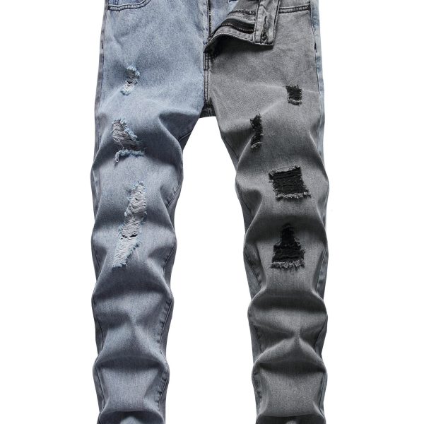 Men's jeans with holes in color matching casual straight slim trousers