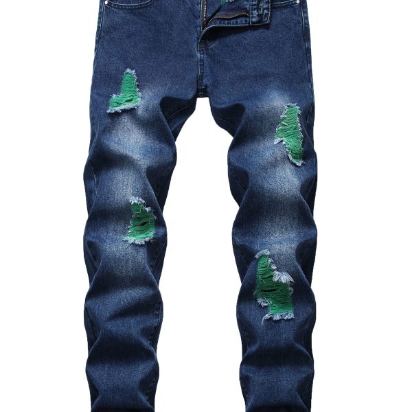 Straight tube men's fashion jeans Men's blue ripped straight tube slim fashion jeans