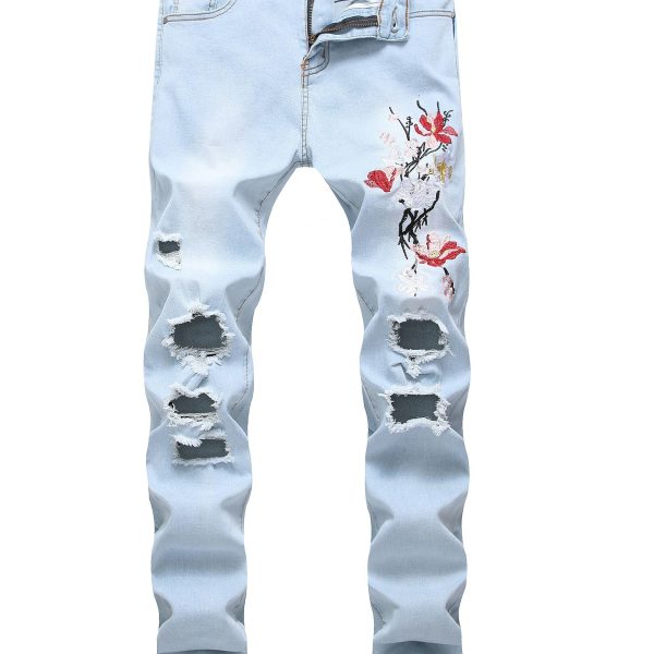 Men's Stretch Skinny Ripped Jeans, Light Blue Embroidered Retro Fashion Slim Fit Men's Jeans (1866)